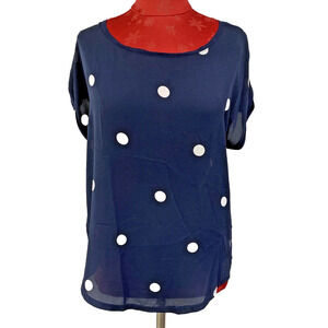 LOFT Size M Navy Blue & White Polka Dots Short Sleeve Hi Lo Blouse Top Casual